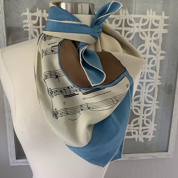 Pichio silk scarf music notes, piano, sheet music print blue brown and cream - Picture 1 of 5
